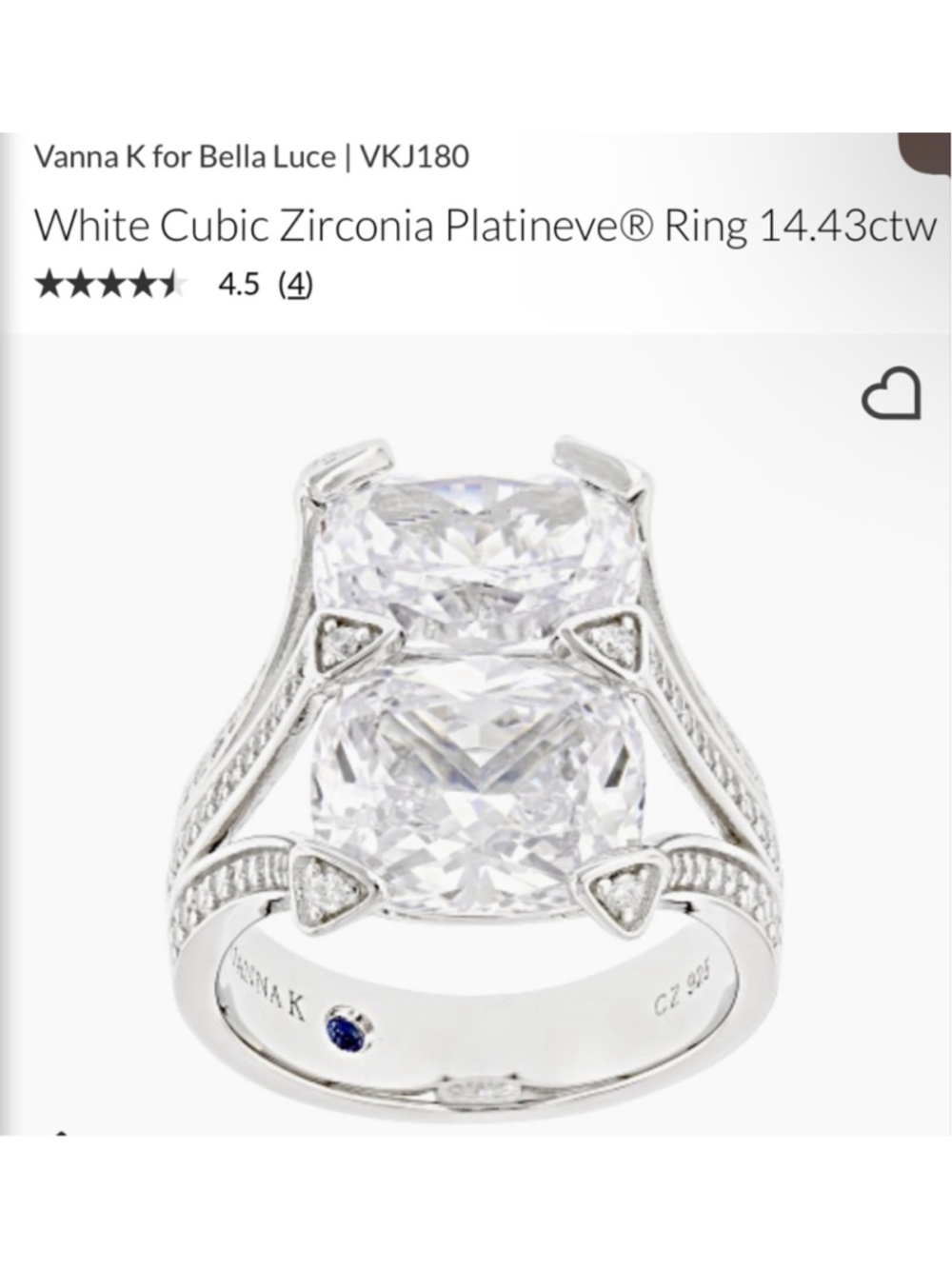 New Bella Luce Silver White Cubic Zirconia Platinve Ring 10